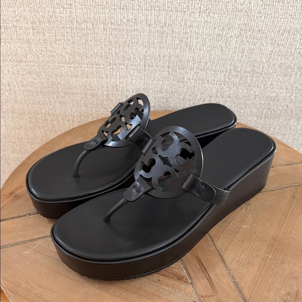Tory Burch size 7.5 Miller Wedge Black Sandals